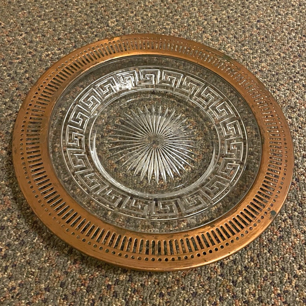 Vintage Heisey Greek Key Platter Copper-Tone/Brass Pierced Rim 10"